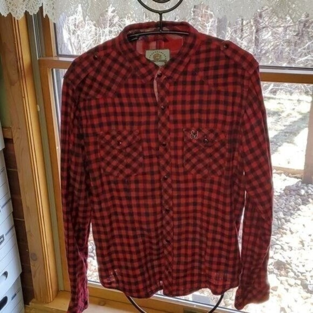Ed Hardy Embroidered Skull &‎ Eightball Red Plaid Casual Button-Down Sz. L Shirt